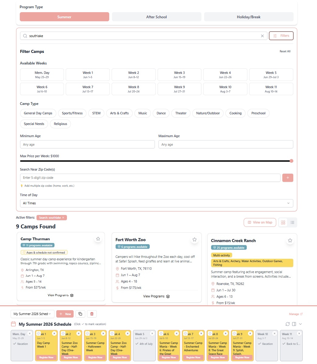Camp Concierge search — filter by week, camp type, age, price, and zip code